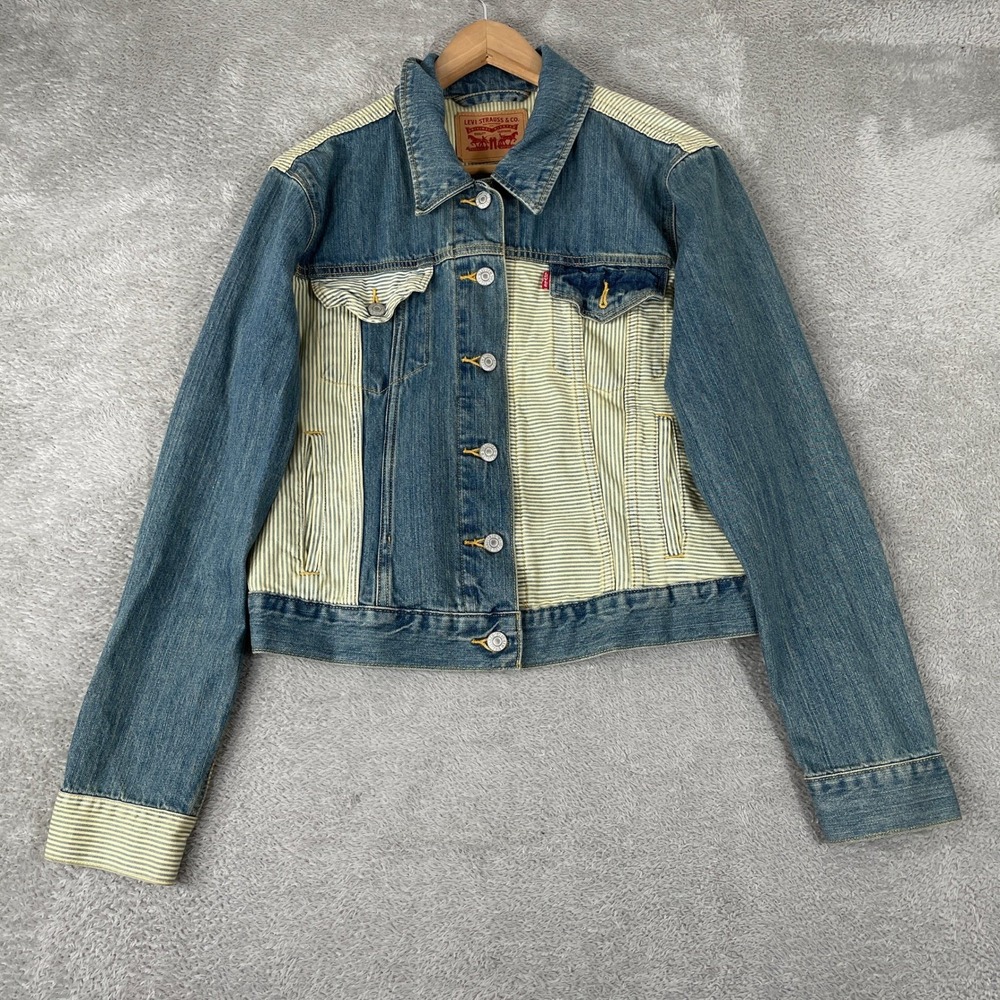 Levis Jacket Womens XL Blue Hickory Stripe Denim Trucker Mixed Media